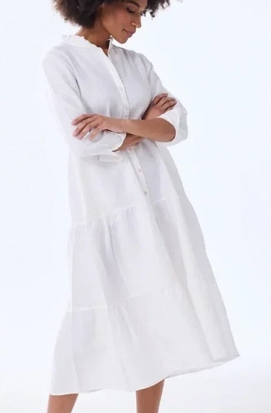 Alice Walk White Linen Tiered Maxi Dress Band Collar Size L